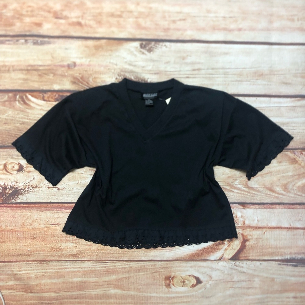 ❤️SOLD❤️NWT Vintage Mizz Lizz Shirt V-Neck Black Cropped Lace Shoulder Pads sz M